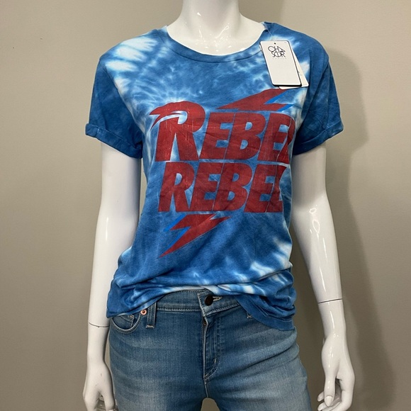 Chaser Tops - CHASER Blue Tie-Dye Rebel Graphic T-Shirt SS Lightening Bolt M David Bowie Top